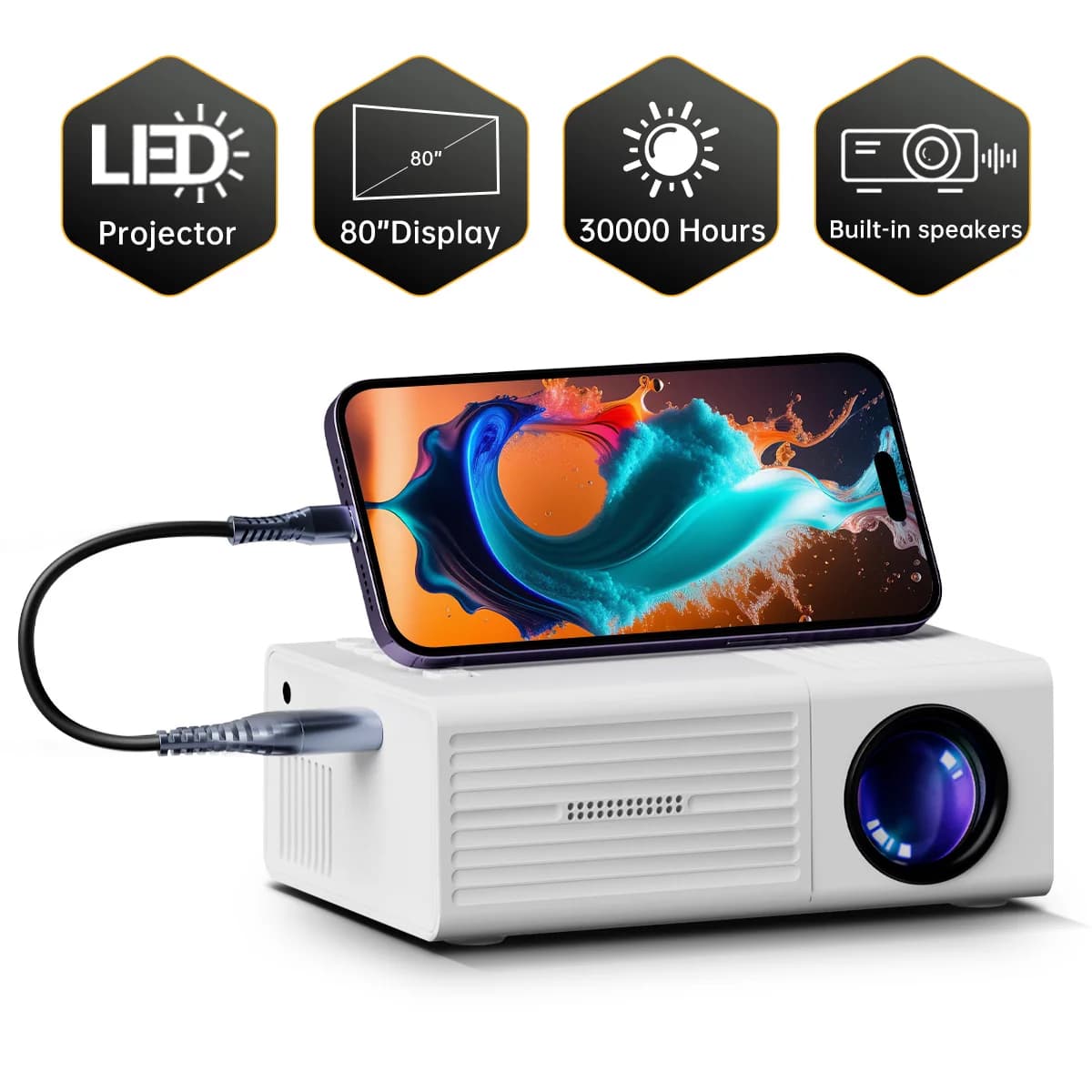Mini proiettore, collega il tuo telefono a giochi, film, video e proiettori per home theater, ideale per feste all'aperto.