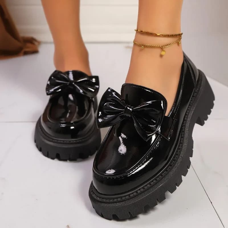 Moccassini with Bowknot Platform Preppy Style For Women Shoes Pu Leather with Bottom Thick Fashion Women Shoes Lolita with Round Toe Strong Size