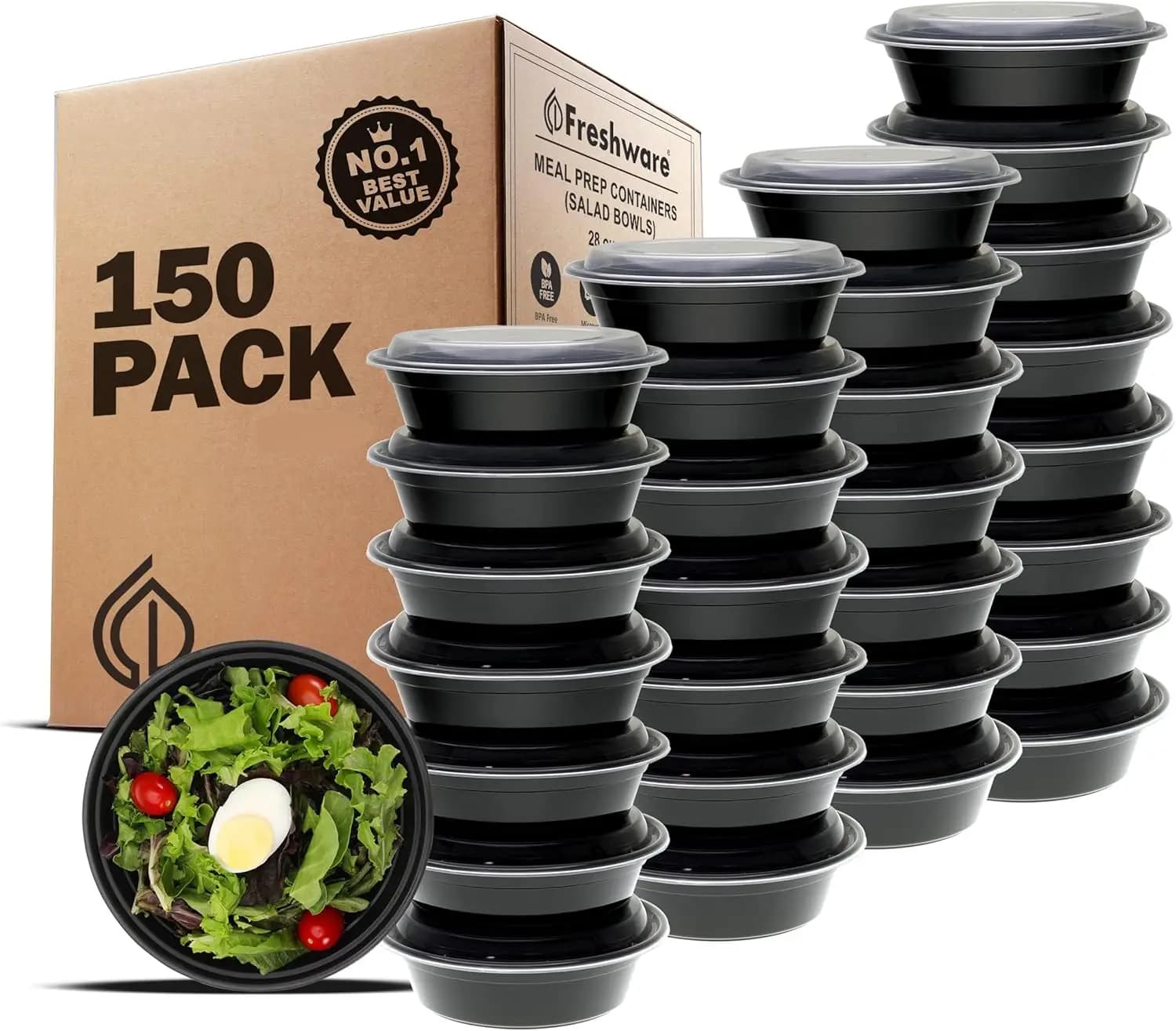 Set di 150 Contenitori per Preparazione Pasti con Coperchi, Senza BPA, Impilabili, Adatti per Microonde, Lavastoviglie e Congelatore, 32 Oz, Neri