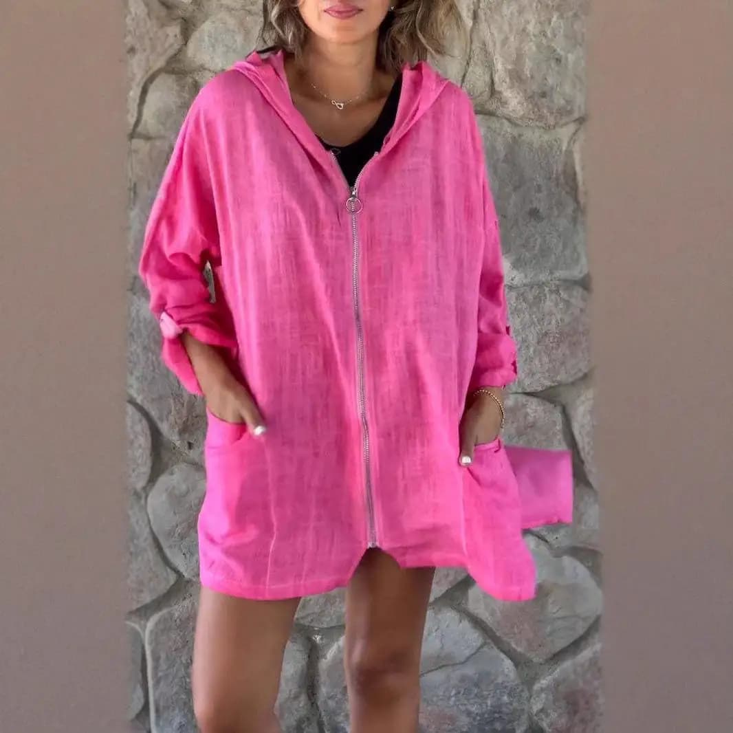 New 2025 Spring Summer Casual Women's Zipper Splice Hoodie Jacket Long Sleeve Shirt Independent Station Cotton Linen Blend