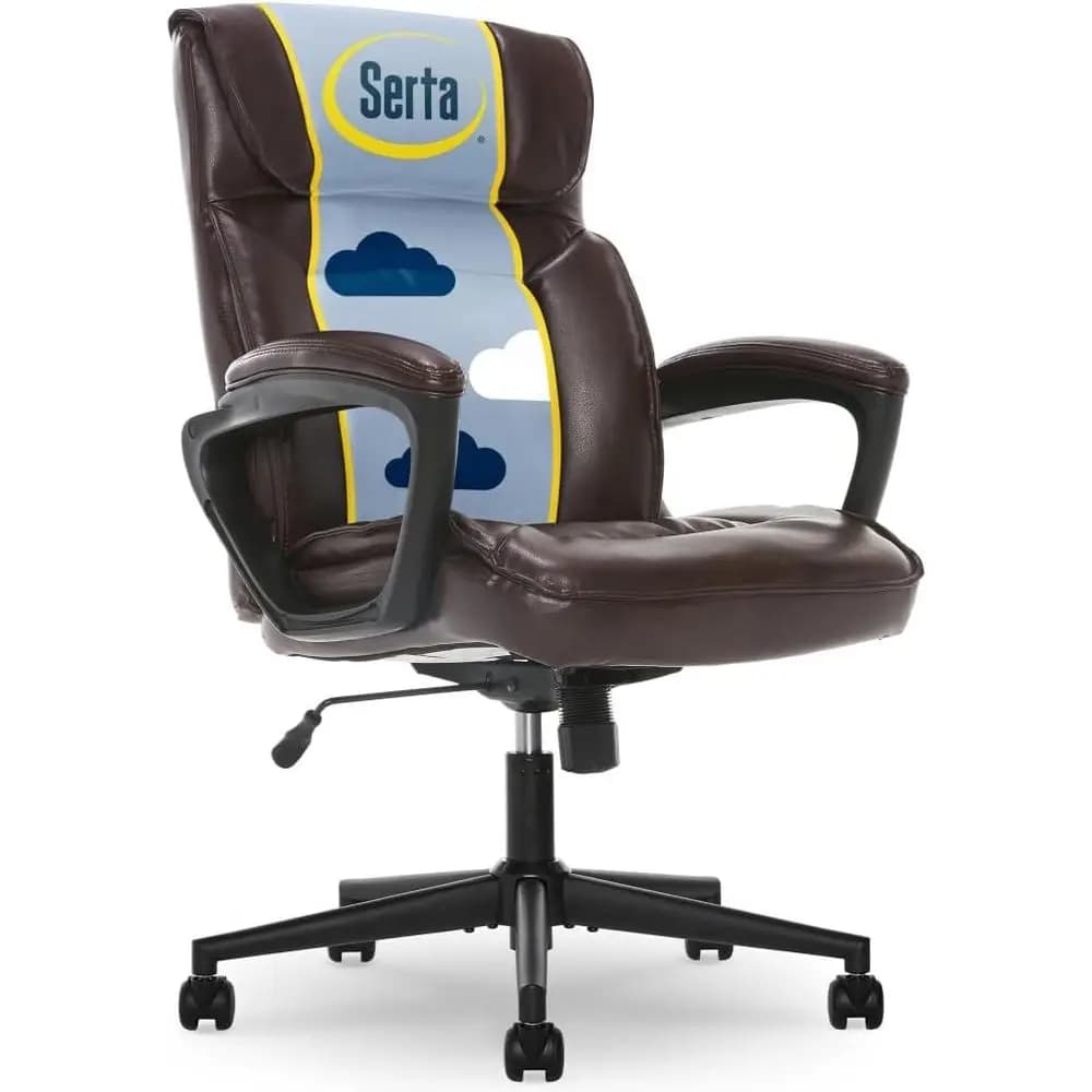 Sedia da ufficio ergonomica con supporto lombare, sedile imbottito, braccioli imbottiti, base girevole, facile da montare, in pelle marrone