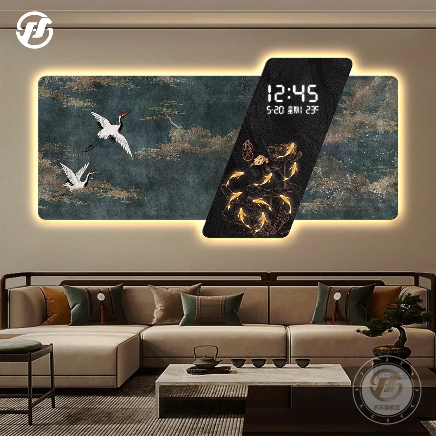 Orologio digitale a forma di gru in stile antico, quadro da appendere nel soggiorno, lusso discreto, sensazione di alta gamma, illuminato.