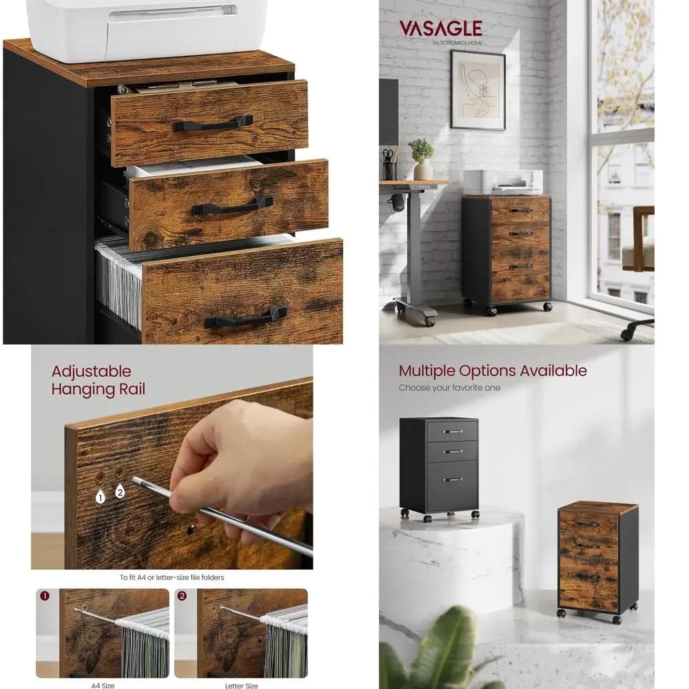 Schedario mobile a 3 cassetti per ufficio domestico, A4/lettera, cartelle sospese, marrone rustico e nero inchiostro UOFC065B01