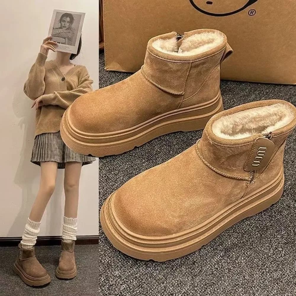 Fur and fur integrated thick sole with plush snow boots for women in autumn and winter 2025, short tube with plush anti slip