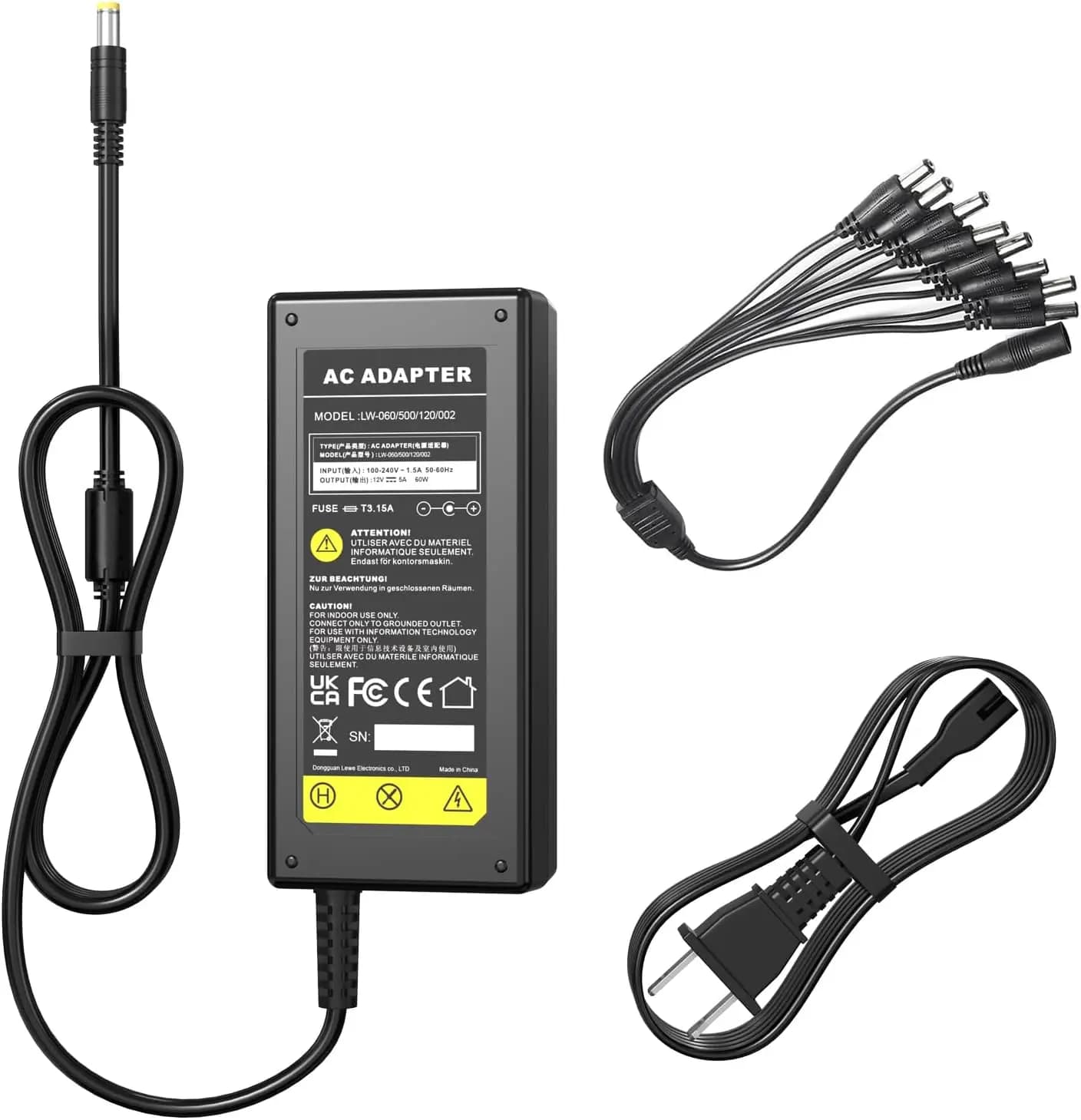 Alimentatore 12V 5A con splitter a 8 vie per telecamere CCTV e strisce LED