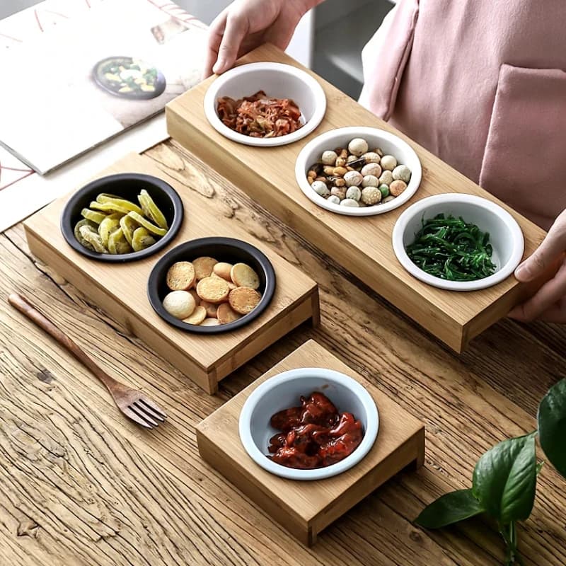 Piatto per snack con base in legno, ciotola per snack, scatola per frutta secca, piatto per condimenti, piatto da pranzo,