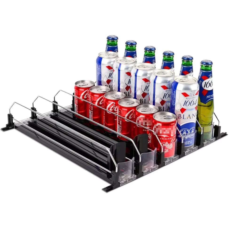 Dispenser Organizzatore Bevande a Molla, Dispenser Automatico per Lattine, Spingitore per Bottiglie e Lattine di Soda a Larghezza Regolabile, Scivolo a Forma di E per Frigorifero da Cucina
