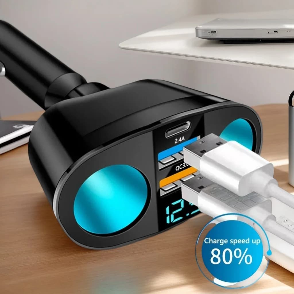 USB-C Dual Car Power Adapter - Quick Charging from 45 W for iPad Pro/Xiaomi 14 with voltage monitor and design with blind plug