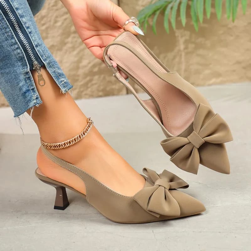 Sandali in flanella alla moda con punta affusolata, scollo basso e fiocco singolo, scarpe con tacco a spillo
