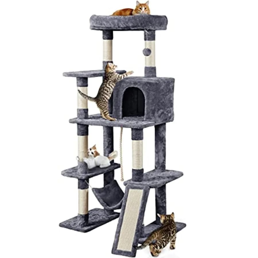 Albero per Gatti Grande da 63 Pollici con Piattaforma Imbottita e Tiragraffi Rivestito in Sisal per Gatti da Interno, Struttura Stabile, Colore Marrone