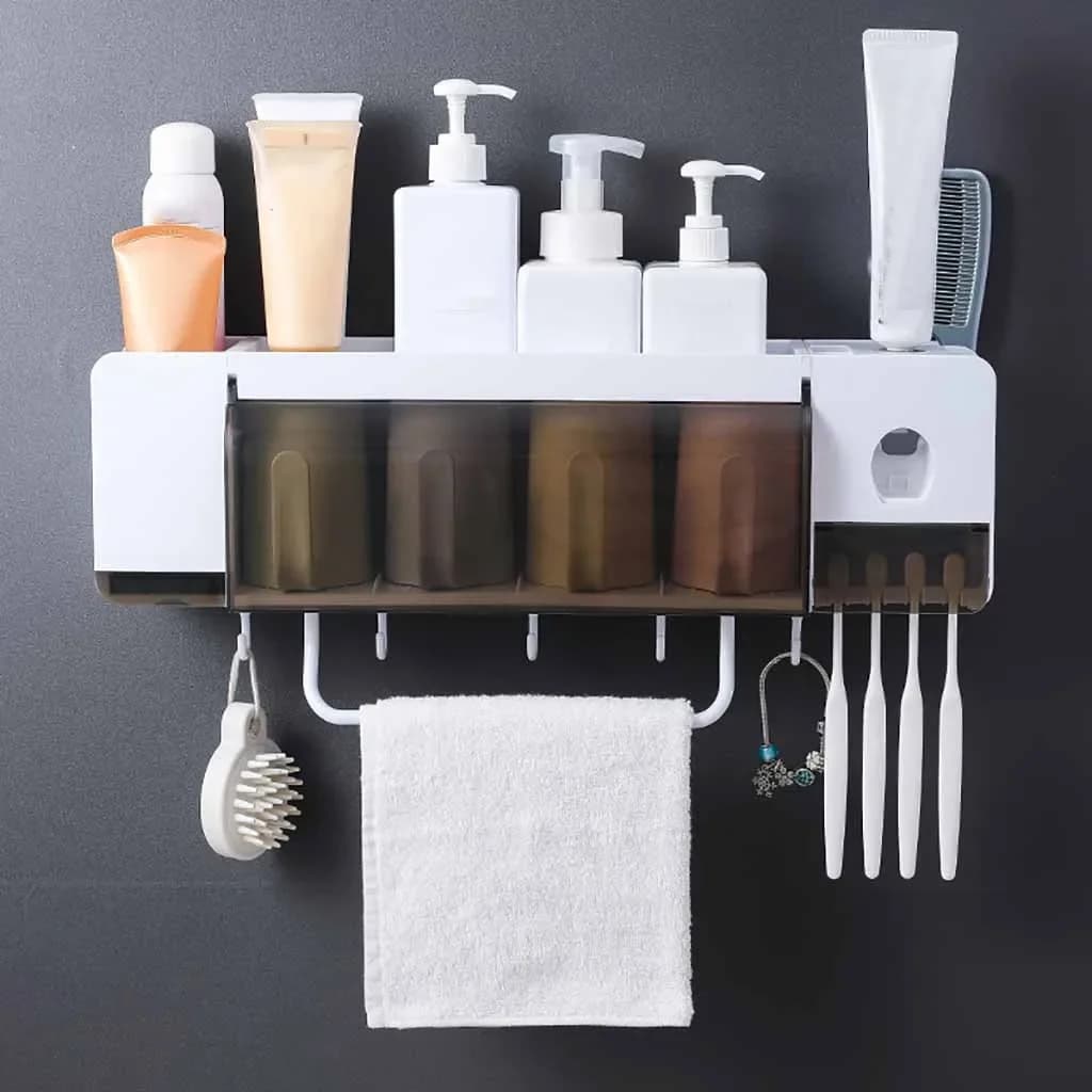 Porta spazzolino Dispenser per dentifricio Spremiagrumi Set di accessori per il bagno 5 pezzi Scatola portaoggetti per il bagno Custodia per articoli per la casa