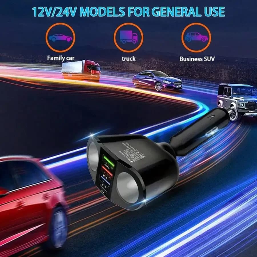 Caricabatterie per Auto Multifunzione in ABS Nero, 6 Porte, 12V 24V, Adattatore di Alimentazione per Veicoli