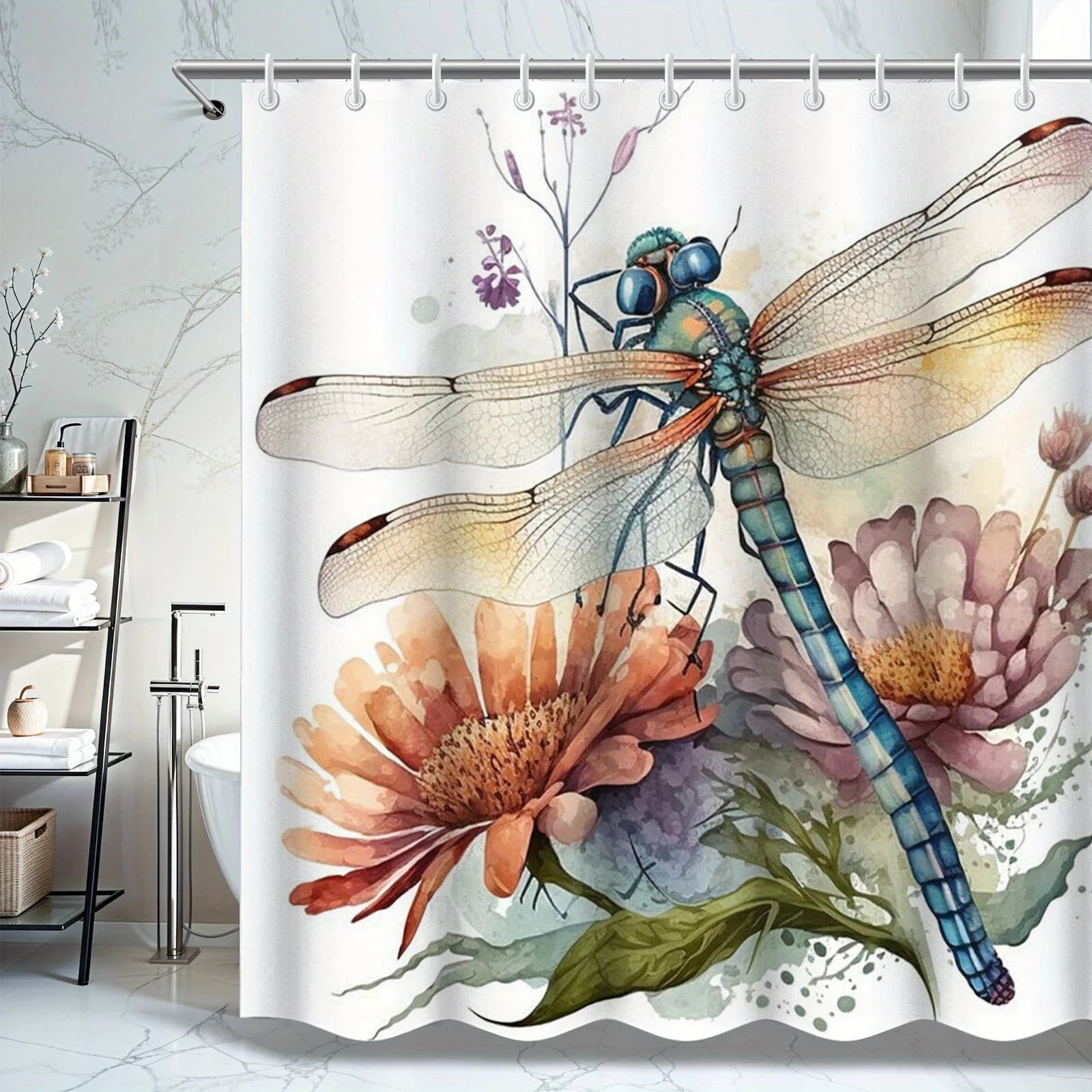 Elegante tenda da doccia con libellula e margherita, tema foresta, adatta per tutte le stagioni, accessorio da bagno ideale, regalo perfetto per gli amici