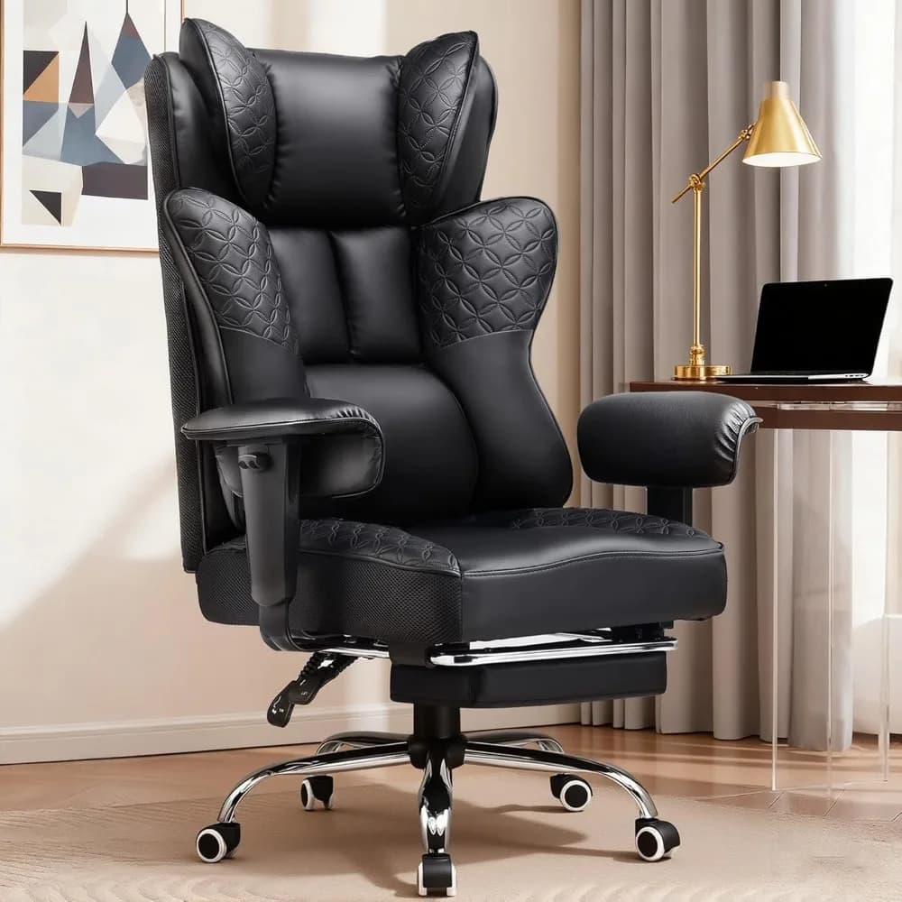 Sedia da Ufficio e Gaming Grande e Alta, Ergonomica in Pelle con Poggiapiedi, Reclinabile a 150 Gradi, Supporto Lombare a Molla e Cuscino