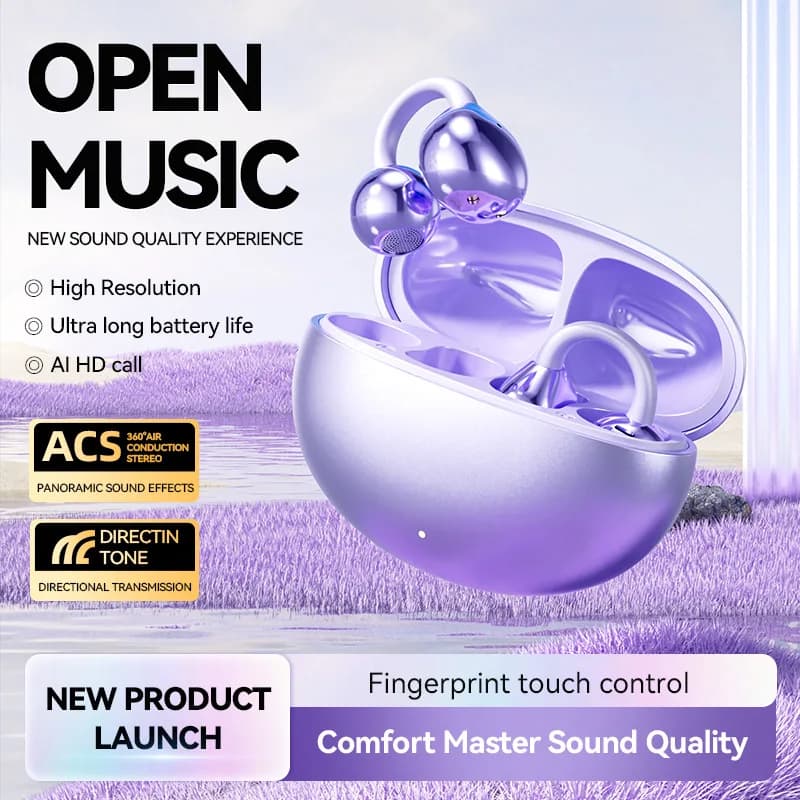 Bluetooth Headset 5.3 Wireless Bone Conduction Headphones Clip Ear Music Noise Cancellation Call HD Sports Game Headset