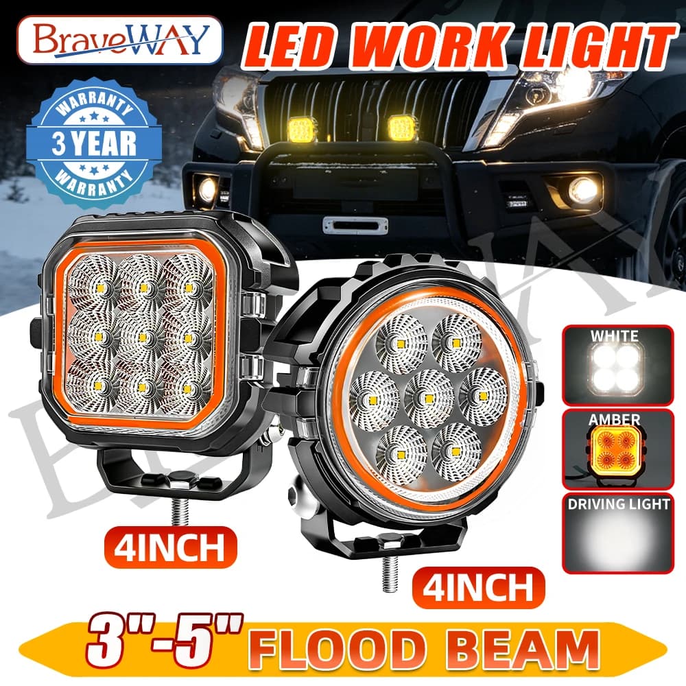 HAOLIDE 2 Pezzi Faro LED Rotondo e Quadrato da 4 Pollici, Bicolore Bianco Ambra con Anello Luminoso Ambra, IP68 per Uso Fuoristrada su Camion e Auto