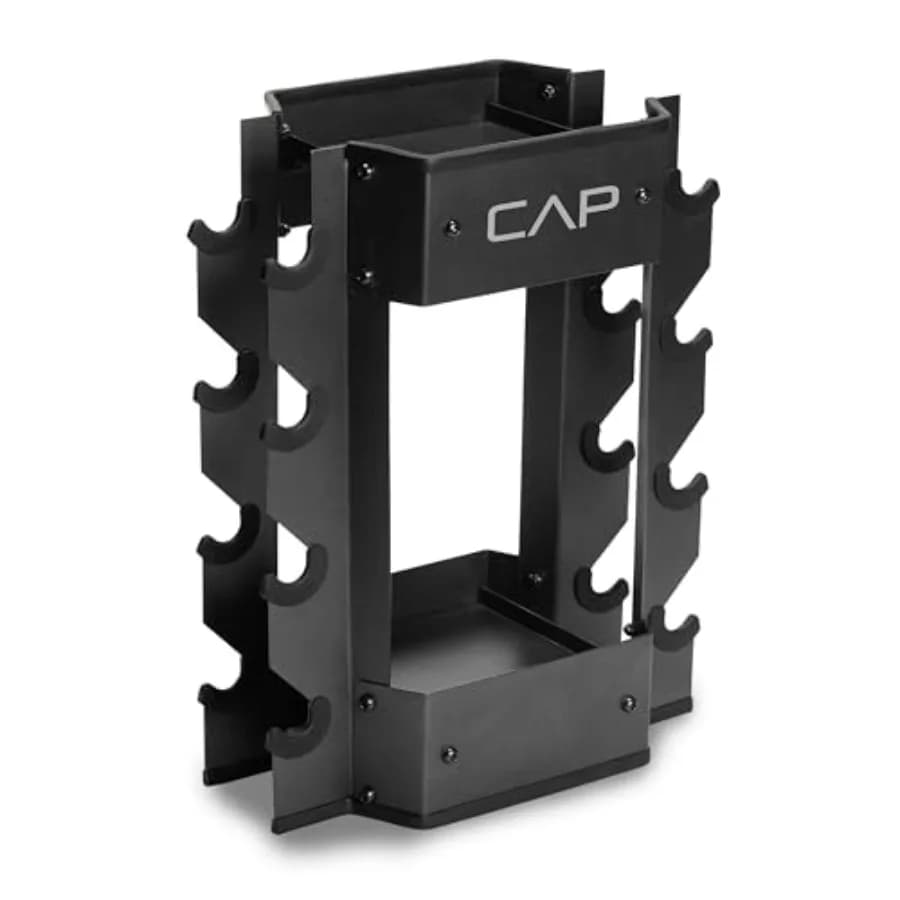 Support for barbells, handlebars and kettlebells for home gym, durable steel frame, black finish, space saving design