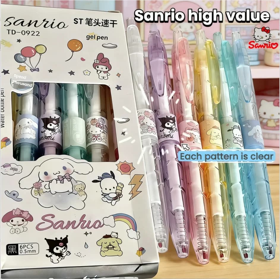 Set di 6 Nuove Penne Gel Kawaii Sanrio: My Melody, Hello Kitty, Kuromi, Cinnamoroll, Pochacco, Punta 0.5mm, Scrittura Fluida, Cancelleria per Studenti