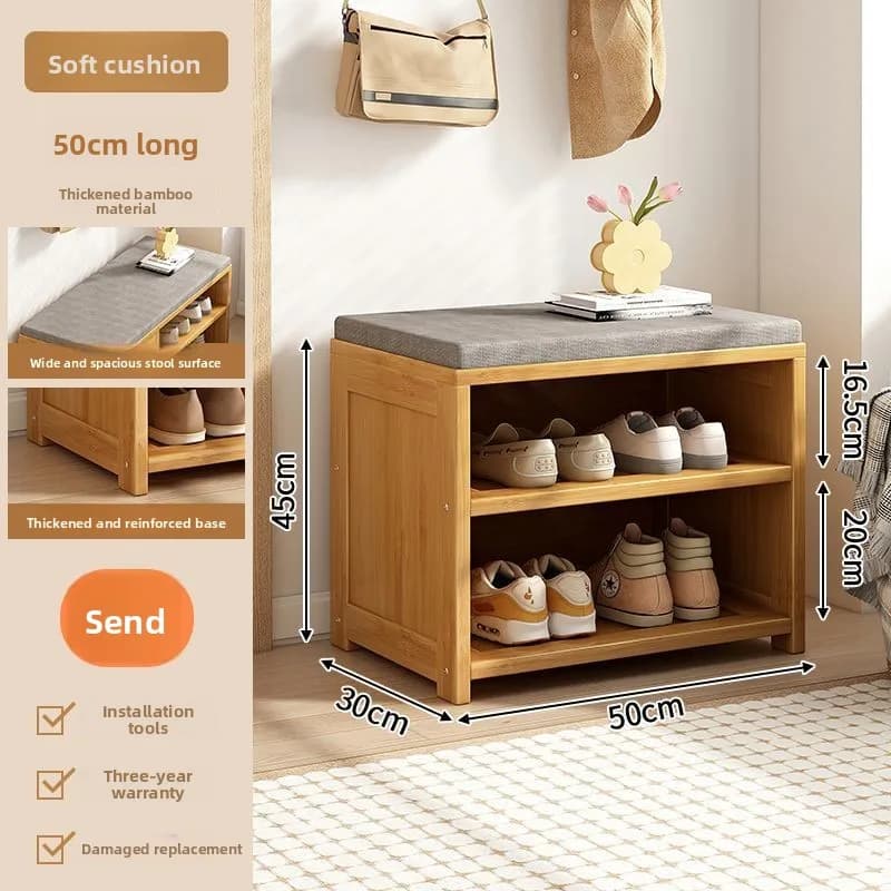 Sgabello per cambio scarpe, ideale per l'ingresso di piccoli appartamenti, con seduta imbottita e contenitore portaoggetti.