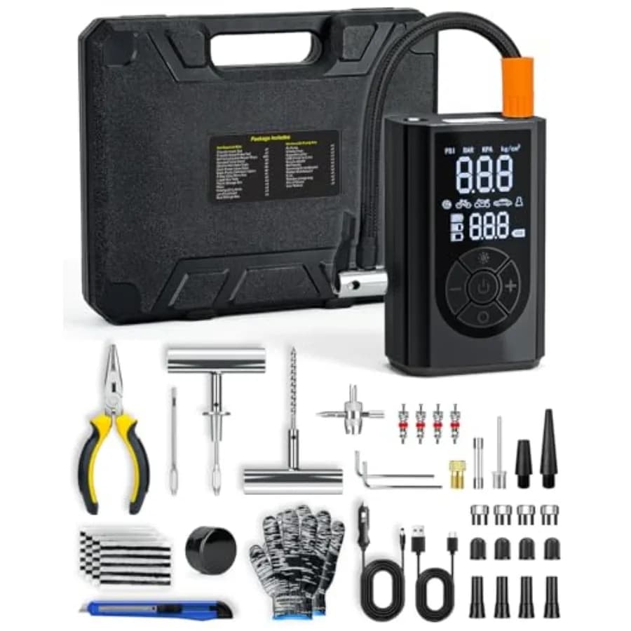 Kit di Riparazione Pneumatici con Compressore d'Aria Portatile, Set di 58 Pezzi con Gonfiatore Senza Fili 150 PSI per Auto, Moto, Trattore