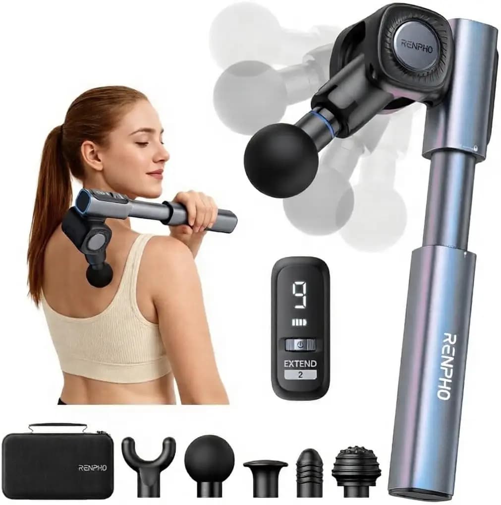Foldable Massage Gun with Extension Handle for Back, 0-90° Adjustable Angle, Handheld Percussion Deep Tissue Massager with 9mm Amplitude for Pain Relief