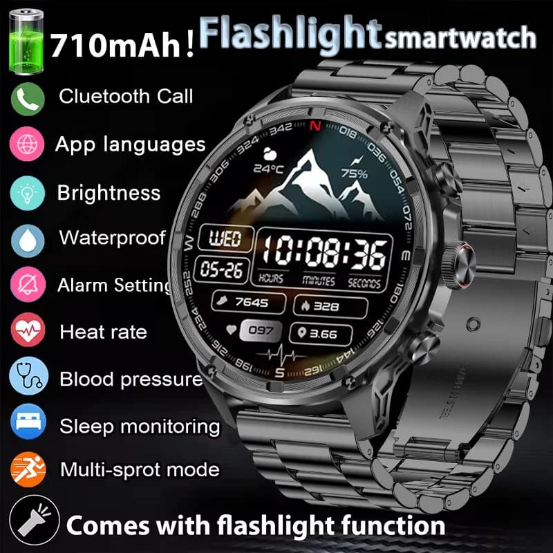 2025 Outdoor Sports Smartwatch Man 710 mAh Battery Bluetooth Called Health 1.85 inch Electric Flashlight 3ATM Intelligent Waterproof Watch