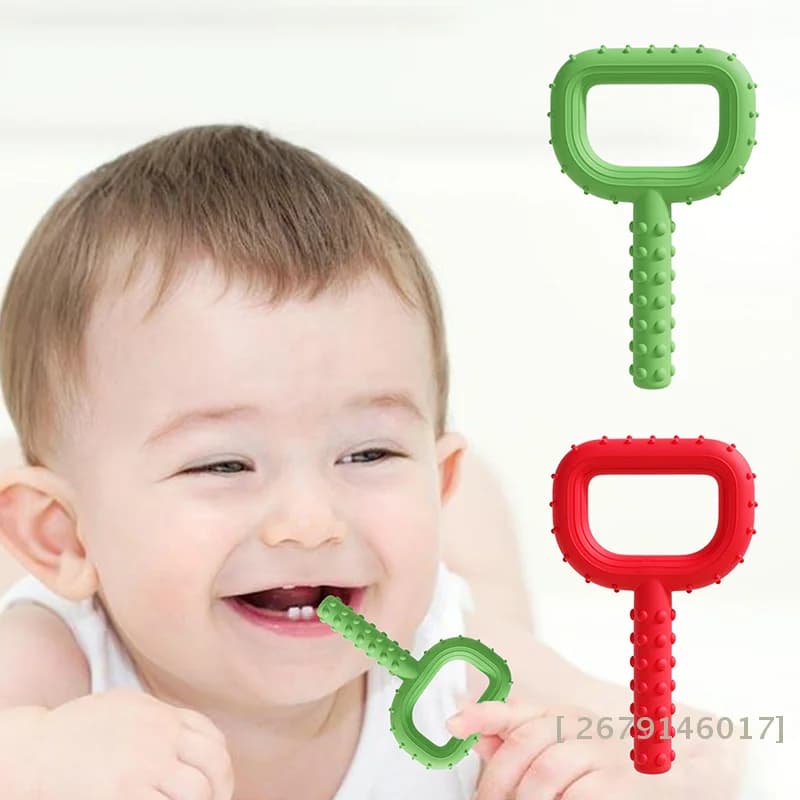 【YY26】Massaggiagengive a forma di D in silicone rosso e verde per la dentizione, per autismo, mordere, masticare, strumenti per la cura del bambino e lo sviluppo della parlata