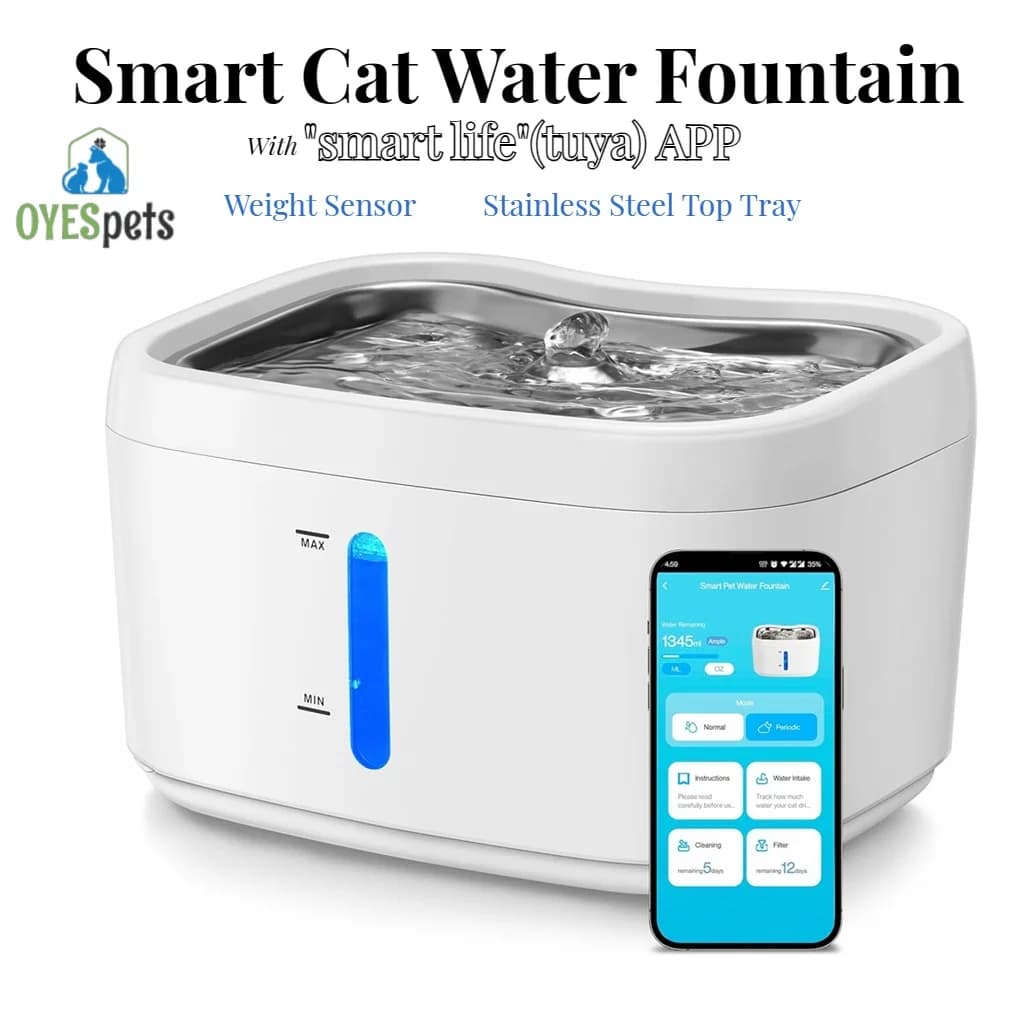 Chain for cats with APP Connected Wireless 84oz/2.5L Automatic Pet Fountain with Stainless Steel Tray Weight Sensor