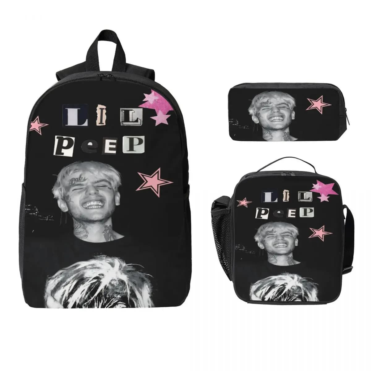 3Pcs Lil Peep Cool Rapper Backpack Set for Girls Boys Pencil Boxes Bookbag Sets with Lunch Box For School Students Daypack