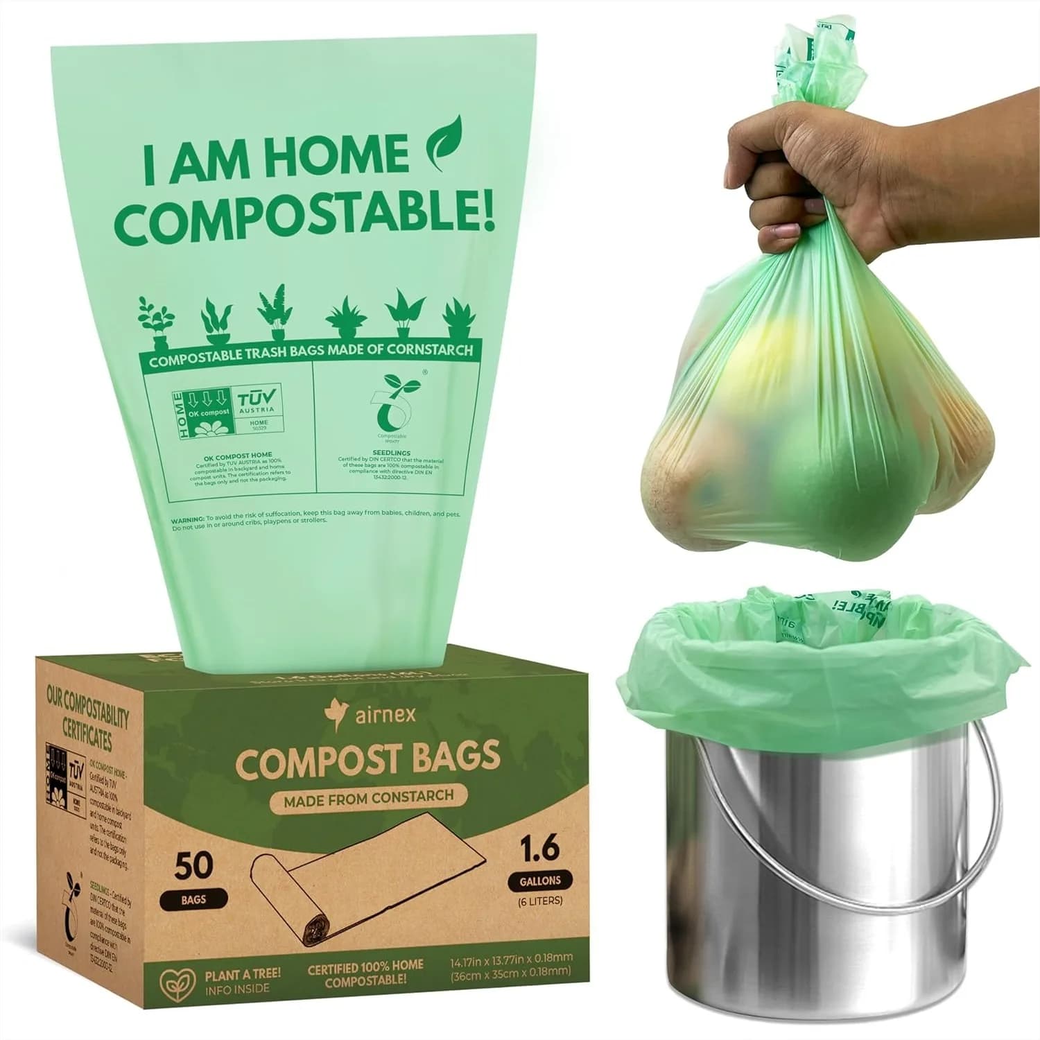 Sacchetti per Compostaggio da 1,6 Galloni per Contenitore da Cucina - 50 Sacchetti in Amido di Mais Impermeabili e Resistenti allo Strappo