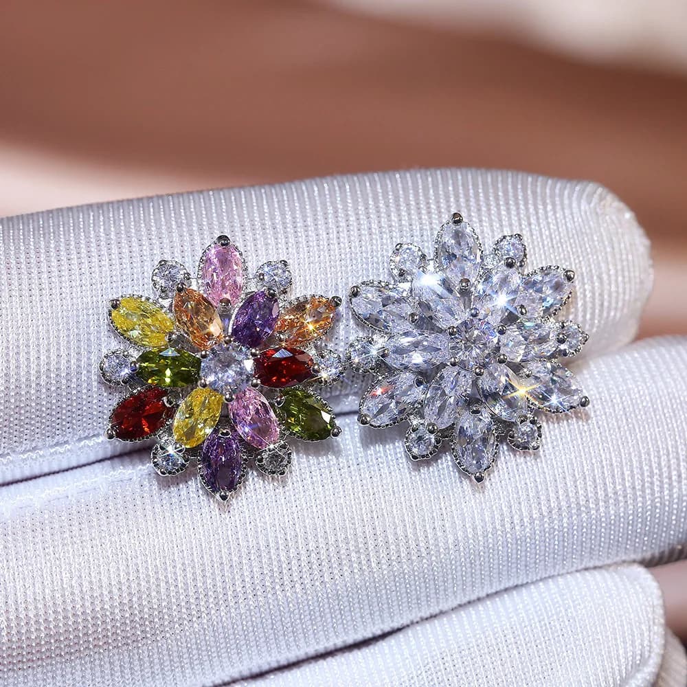 Cute Big Bling Cubic Zirconia 925 Silver Needle Stud Earrings Fashionable Flower Earring for Women Jewelry Gift Brincos