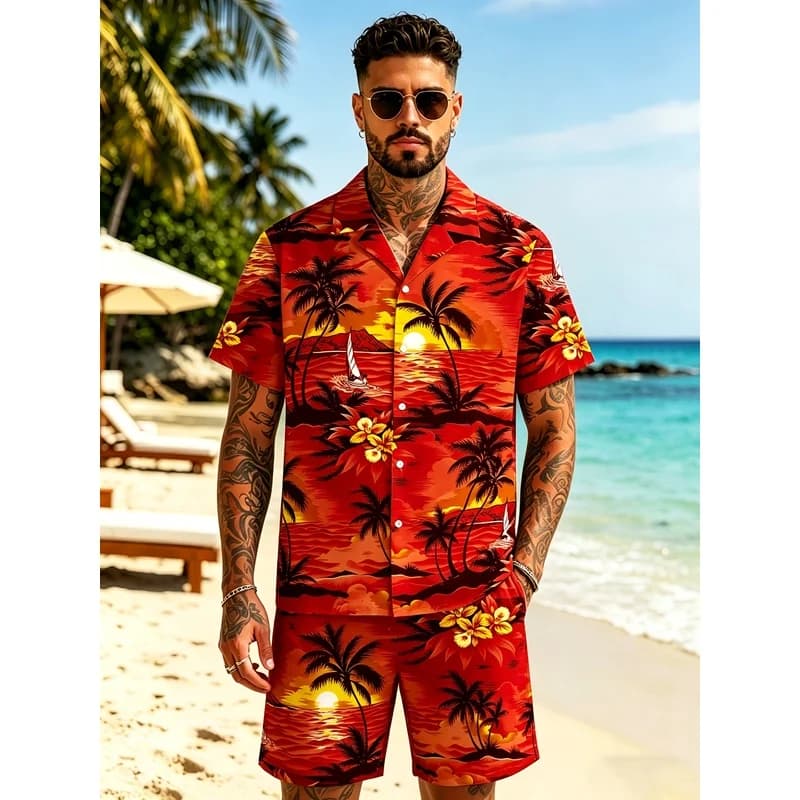 Men's Hawaiian Party Shirt and Shorts Two-Piece Set Tropical palm print Lightweight and breathable polyester vacation suit