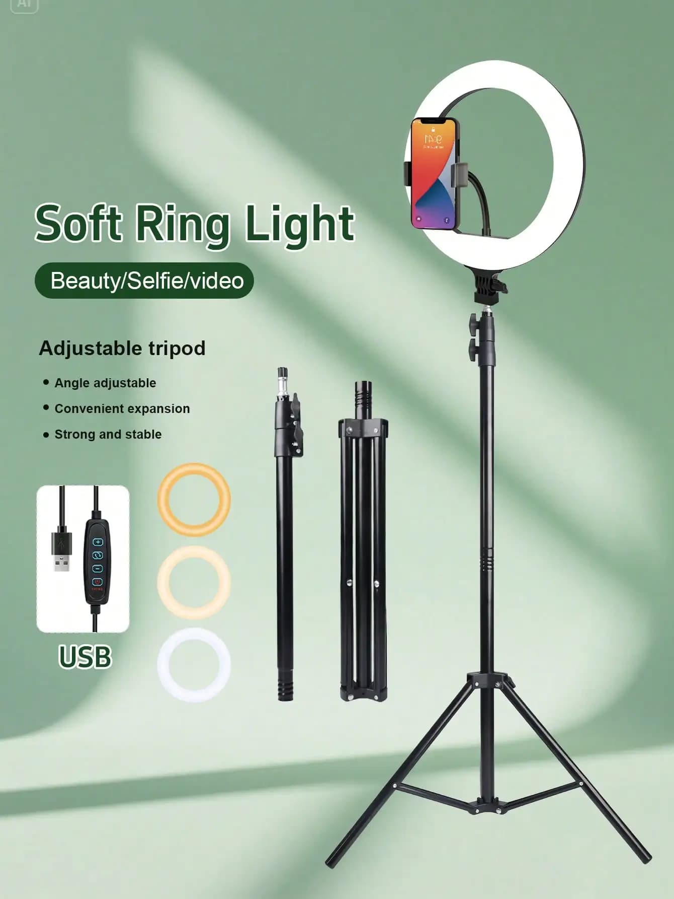 Kit Luce ad Anello LED Dimmerabile a 3 Colori da 10 Pollici con Treppiede Regolabile da 63 Pollici e Clip Universale per Telefono, Alimentazione USB, Luce Portatile per Streaming Live, Trucco, Vlog, Zoom, Regalo di Natale, Fotografia, Selfie