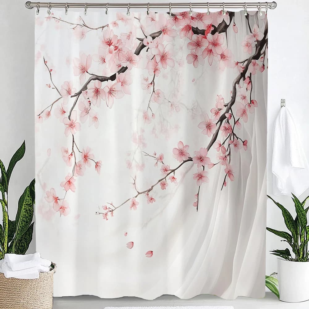 1pc Pink Plum Blossom Flower Print Waterproof Shower Partition Privacy Hanging Curtain with Hooks Multiple Size Machine Washable