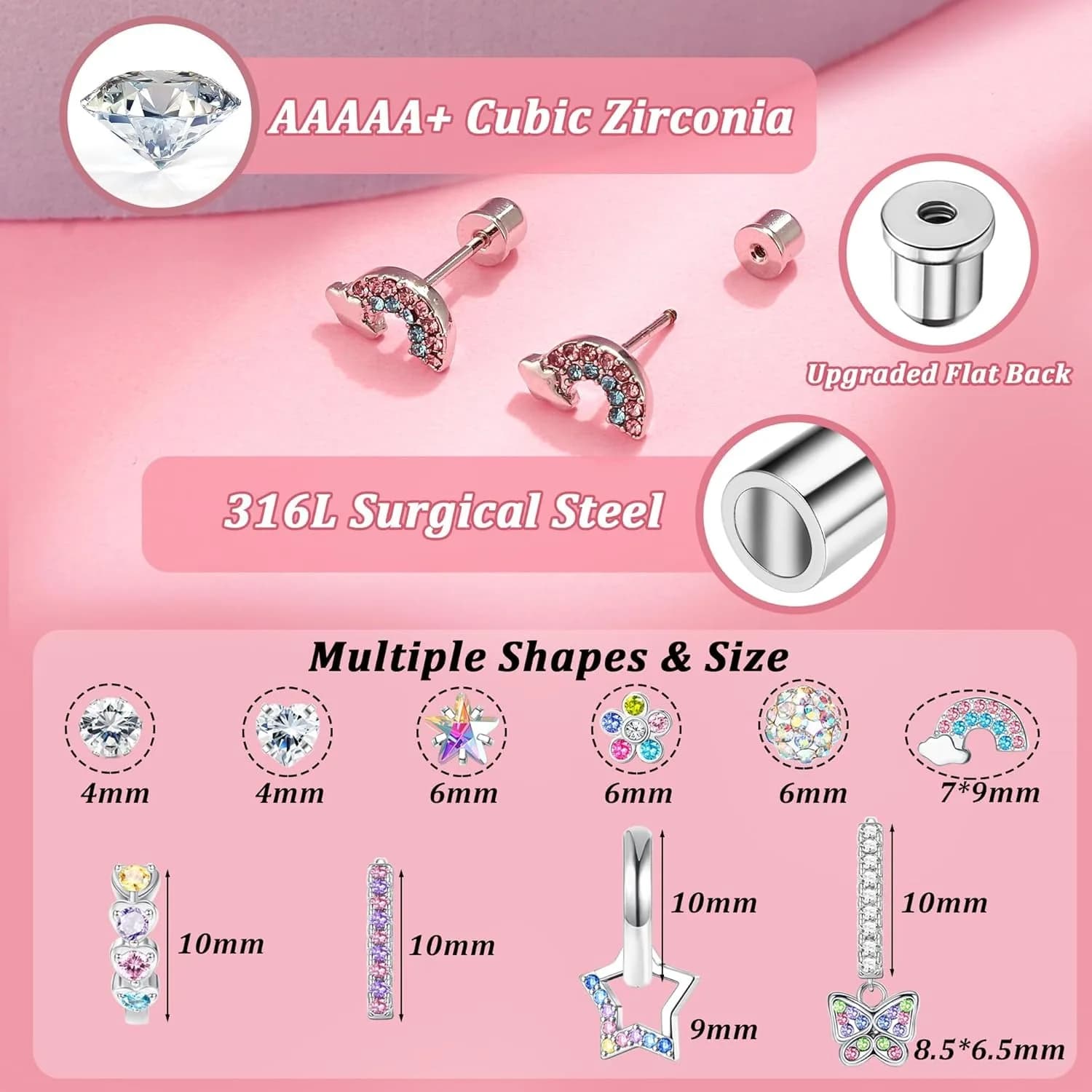 10 Pairs Surgical Stainless Steel Screw Back Earrings Set, Hypoallergenic Stud Earrings for Sensitive Ears Women Kids Daily Jewelry