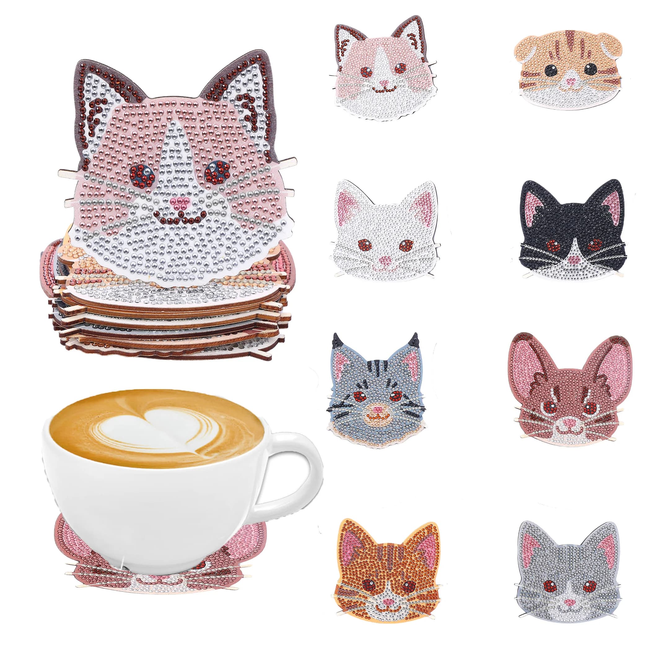 8 pieces DIY diamond painting art set cat pattern coaster Special shape crystal artificial diamond Mosaic craft
