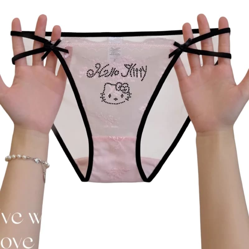 Sexy Hello Kitty Pure Cartoon Desire Hot Diamond Lace Underwear Women's Thin Belt Beautiful Waist Transparent Temptation Mesh