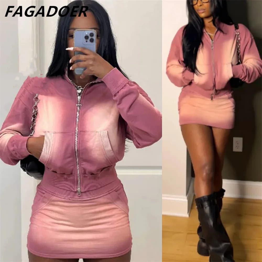 FAGADOER Set da due pezzi con stampa tie-dye rosa Completi da donna Moda Tasca con zip Manica lunga Crop Top e gonne a vita alta Abbigliamento