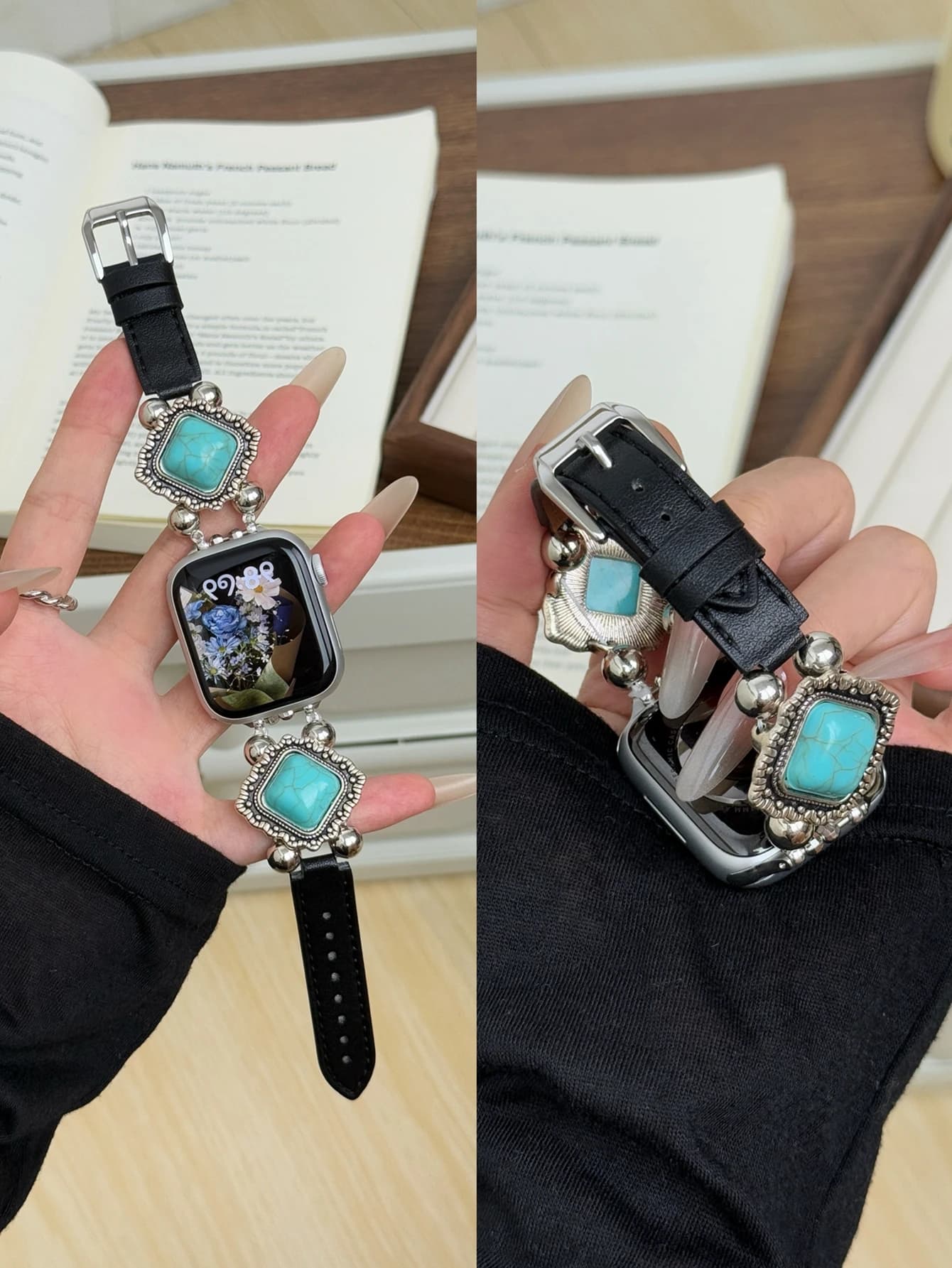 Bellissimo anello in pelle turchese per cinturino Apple Watch da donna serie Ultra 10/9/8/7/6 38mm 40mm 41mm 42mm 44mm 45mm 46mm cinturino