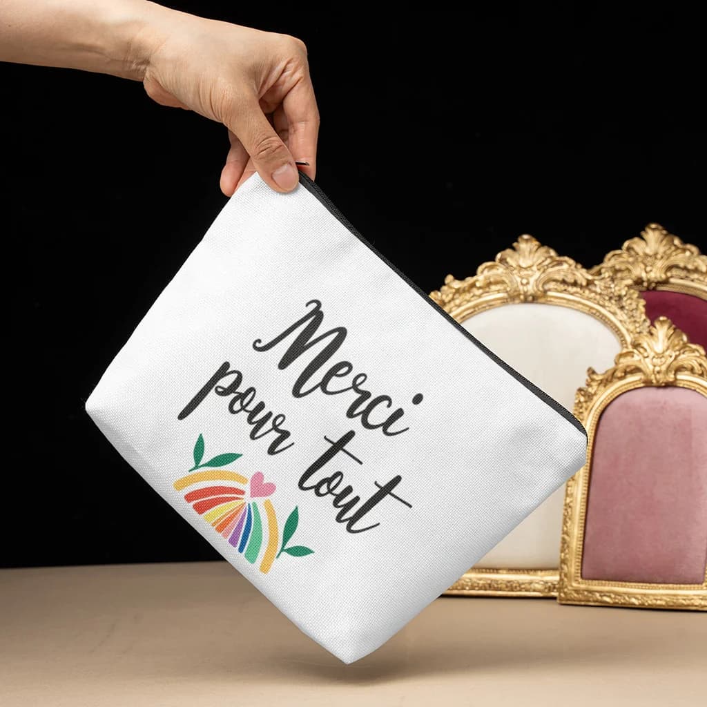 Borsa per cosmetici con messaggio di ringraziamento in francese, borsa per il trucco, portaoggetti per cosmetici, borse da viaggio leggere, regalo di laurea