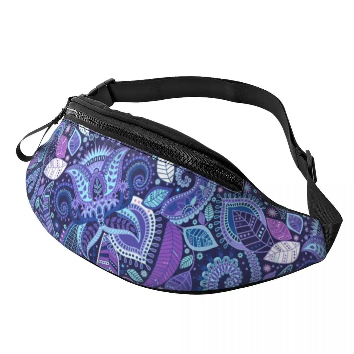 Marsupio con stampa paisley blu e viola Fiori personalizzati Arte floreale Marsupio a tracolla Uomo Donna Viaggio Escursionismo Custodia per soldi per telefono