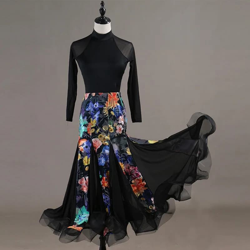 Abito da ballo moderno con collo alto personalizzato, uniforme da esame artistico a maniche lunghe, gonna altalena grande, abito da ballo da sala, standard latino