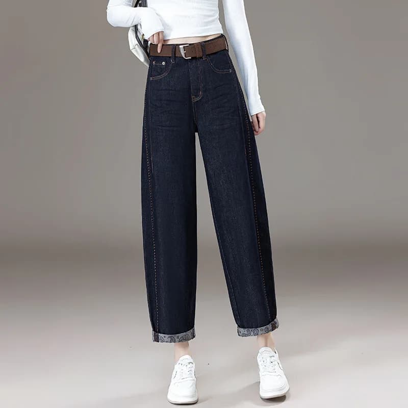 Fashion loose slimming versatile wide leg jeans autumn new sense of design simple versatile edge rolled fashionable wide leg pants