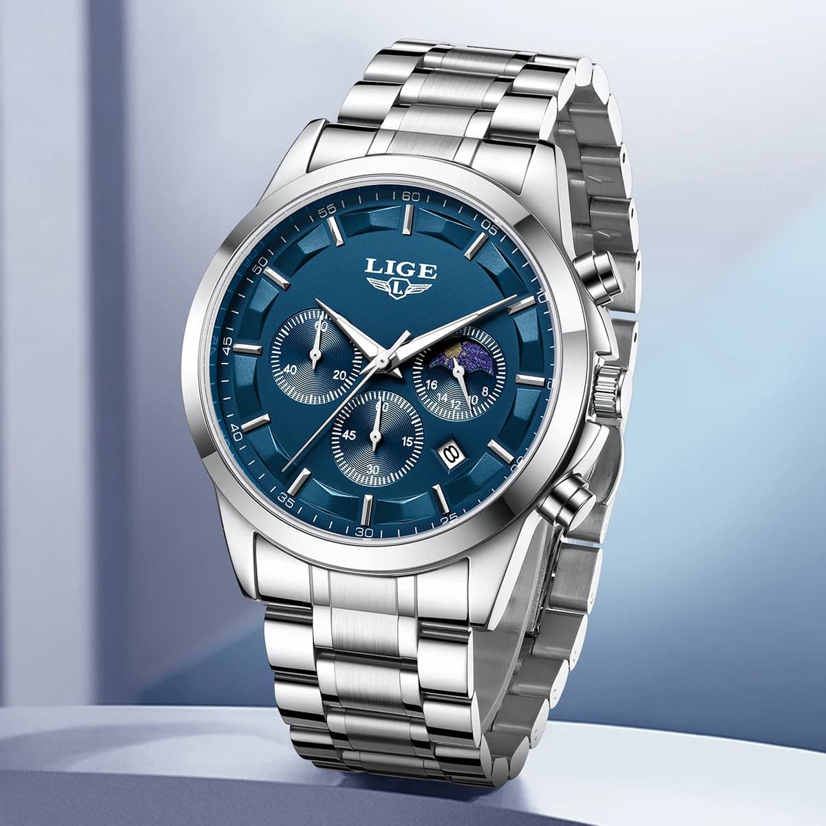 Orologio da Uomo LIGE di Lusso alla Moda al Quarzo, Classico da Business con Data Automatica, Cinturino in Acciaio, Fasi Lunari, Impermeabile