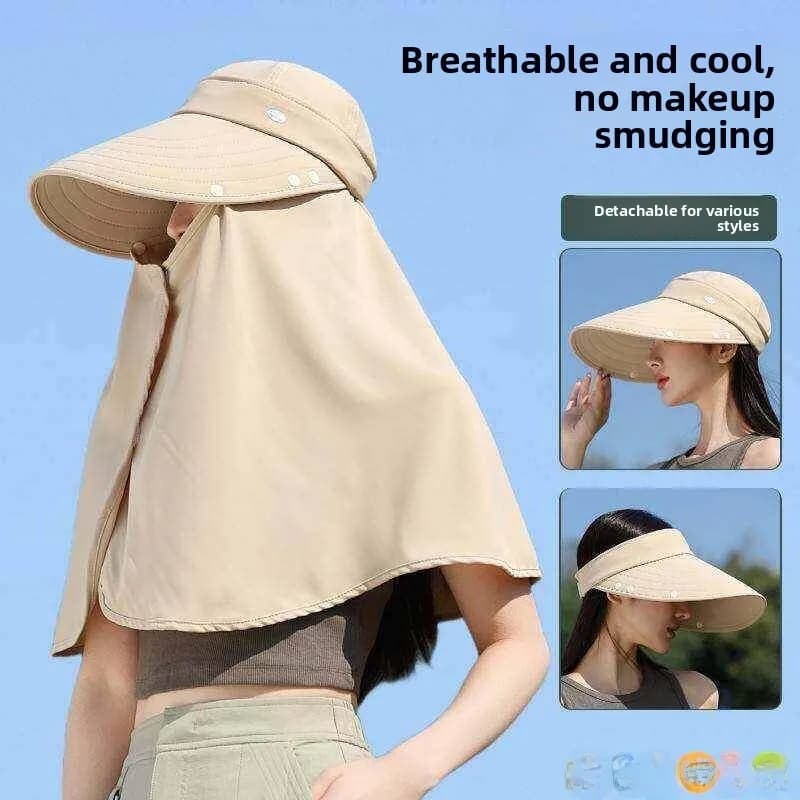Women's Summer Sun Hat with Integrated UV Protection, Face Mask and Scarf, Breathable with Elastic Fascia and PVC visor