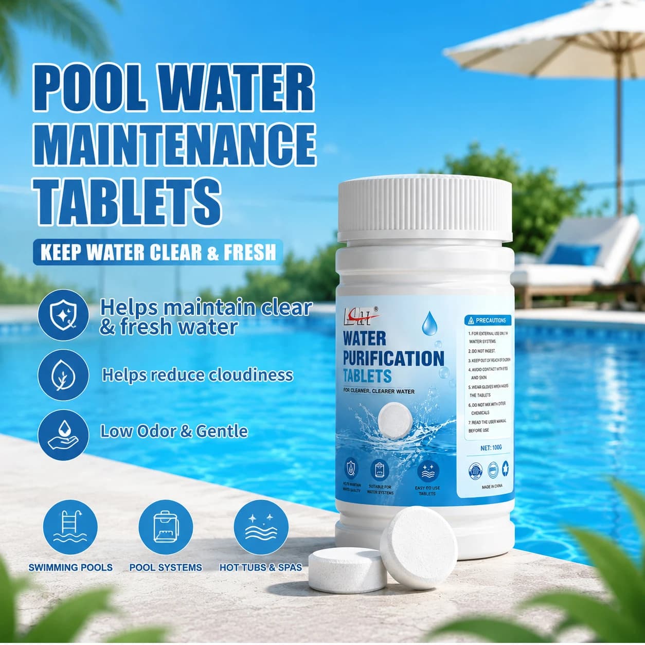 KJM-100pcs Pool Water Treatment Tablets For Clear Fresh Spa Swimming Pools Hot Tubs Safe Easy To Use