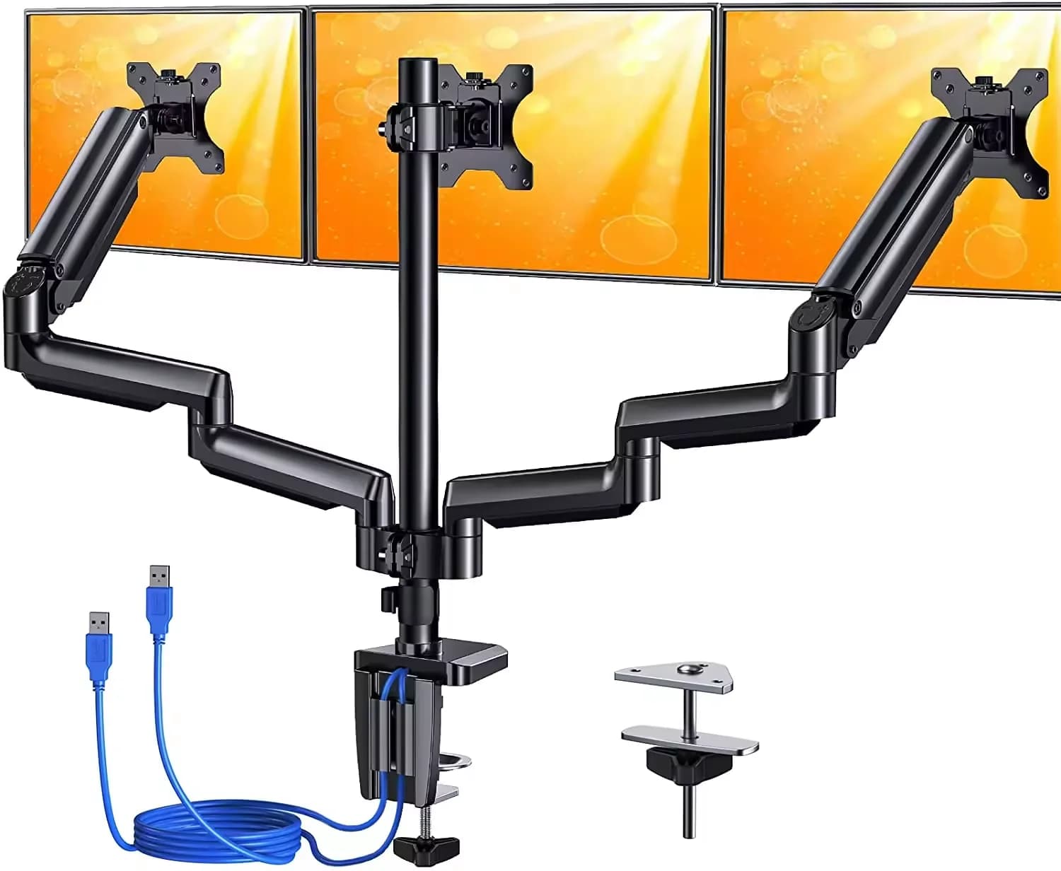 3 computer screen monitors up to 27 inch, triple arm for monitor with gas spring, durable monitor support