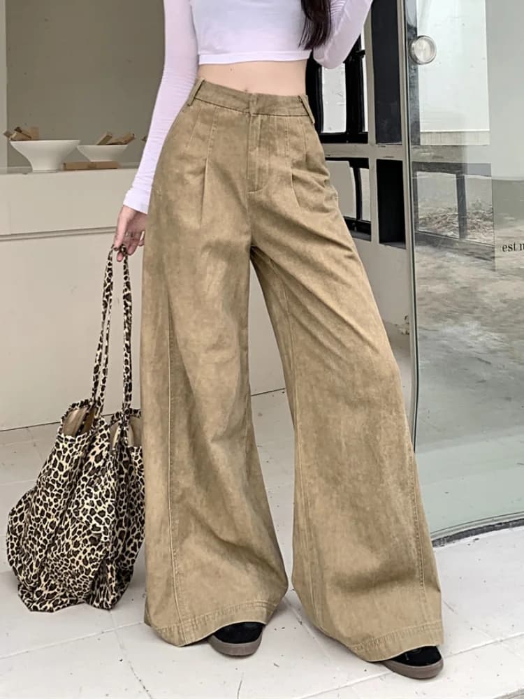 2025 Cyber Y2K Moda Distressed Khaki Baggy Jeans a pieghe Pantaloni per le donne 90S Abiti vintage Kpop Pantaloni lunghi da donna a gamba larga