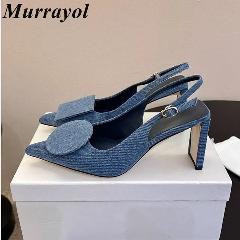Scarpe con Tacco Alto Sottile da Donna, Punta Affusolata, Decorazione con Motivo Geometrico in Denim, Sandali da Sfilata, Scarpe da Festa e Banchetto, Scarpe da Fata