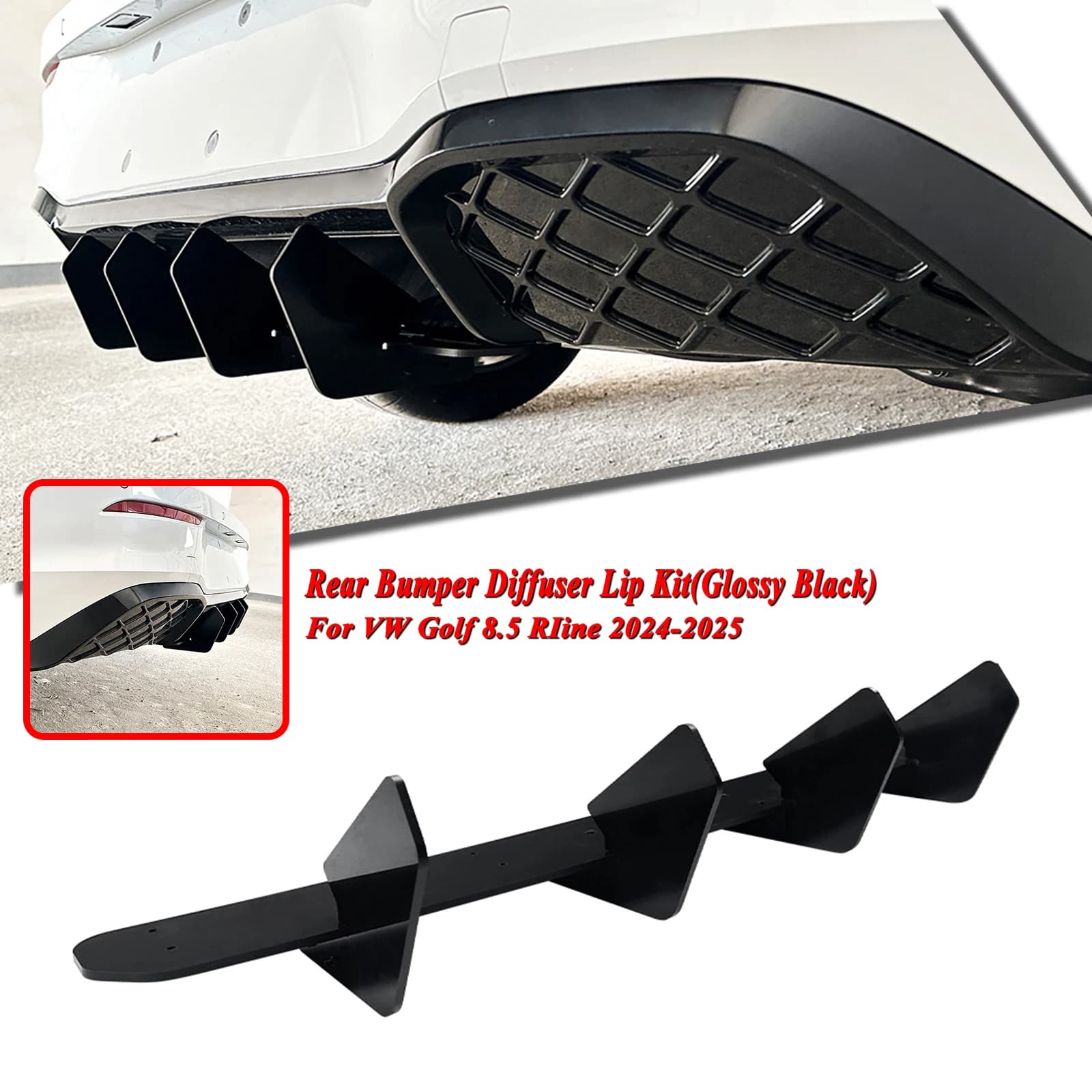 Spoiler Rear to Pinna di Squalo for Volkswagen Golf 8.5 Rline 2024-2025, Diffuser bumper with External Bracket for Auto, Splitter Lower